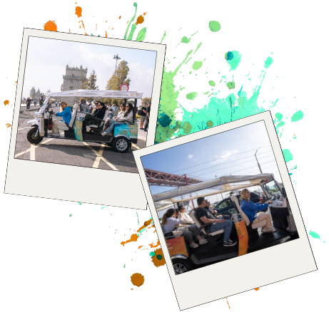 Two polaroid photos of tuk tuks with people, on a colorful splatter background.