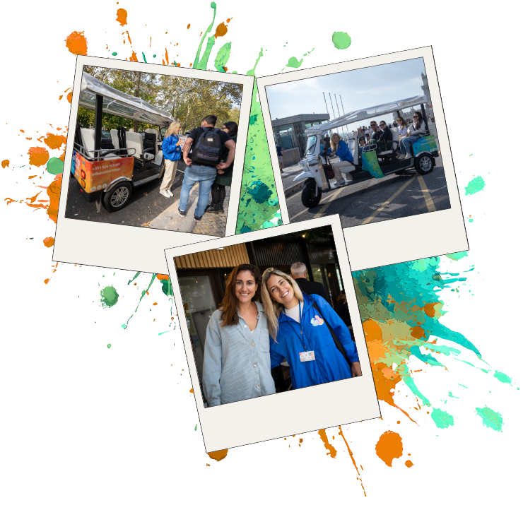 Three polaroids with people on colorful splashes background.