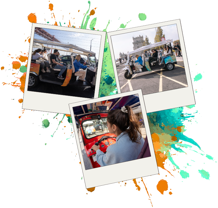 Three polaroids of tuk-tuks and graffiti splatters on a transparent background.