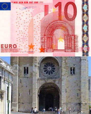 10 euro note overlaid on an image of an ornate stone building.