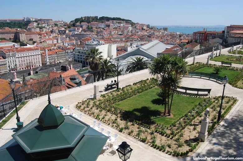 Scenic city view from a park with benches and gardens in Lisbon.