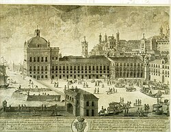 Historical illustration of a large building complex with domes, horse-drawn carriages, and people in a busy square.