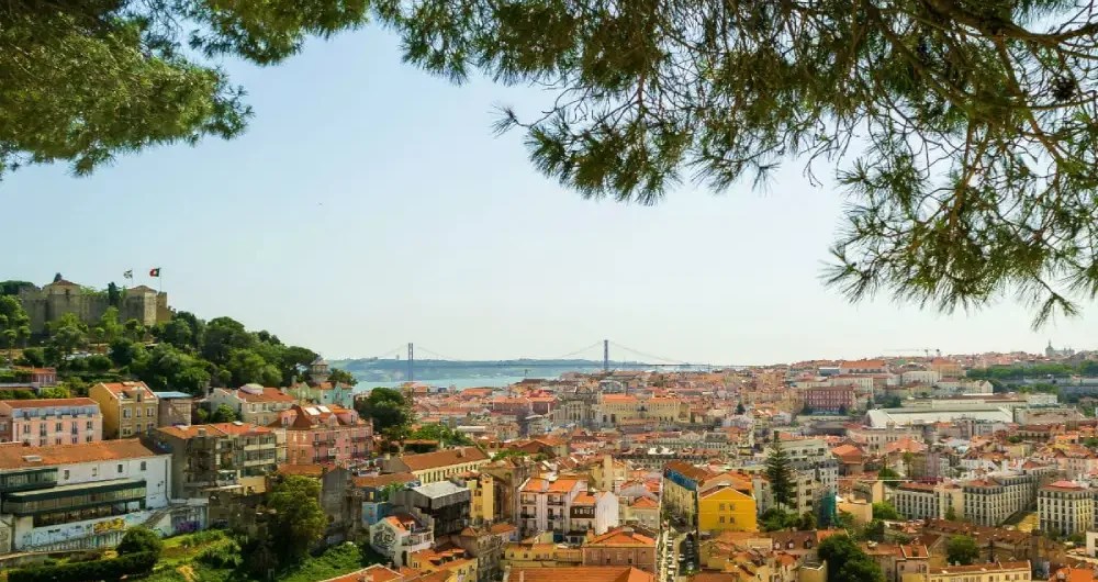 Overview of a city with red roofs, trees, and a distant bridge under a clear sky.